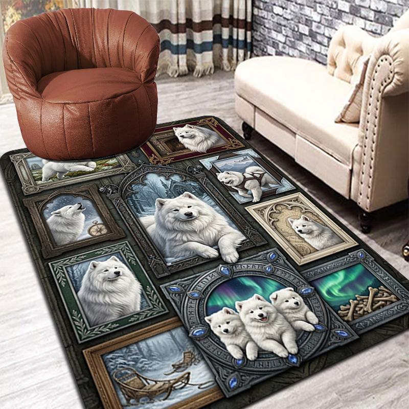 White Canine Portraits Pattern Rug Floor Mat for Living Room or Bedroom Soft and Comfortable Carpet a Gift for Birthday and Holiday.