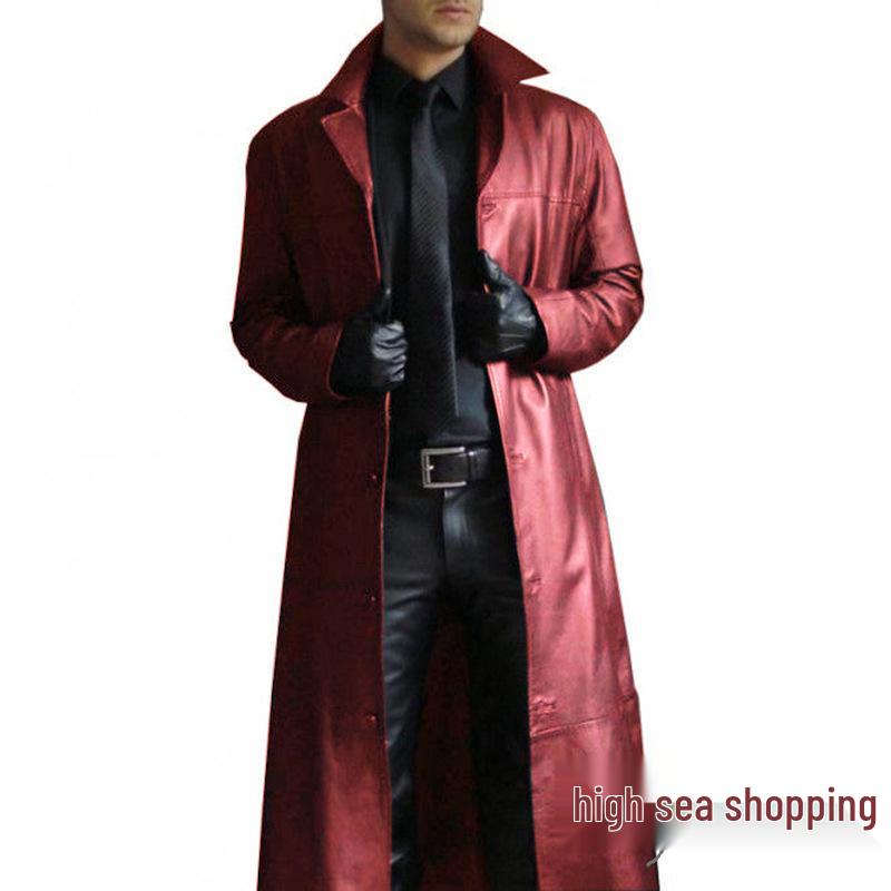 Men's Slim Fit Western Cowboy Leather Trench Coat with Lapel