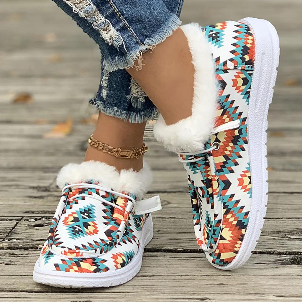 Mode Damenstiefel 2025 Neu Dicke Sohle Schneestiefel Damen Plus Samt Verdickt Haarige Baumwollschuhe für Damen Lässige Bedruckte Sneaker