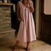 women's Tie Front Lace Trim Solid Color Linen Blend Sleeveless Midi Dress Loose Casual Sundress