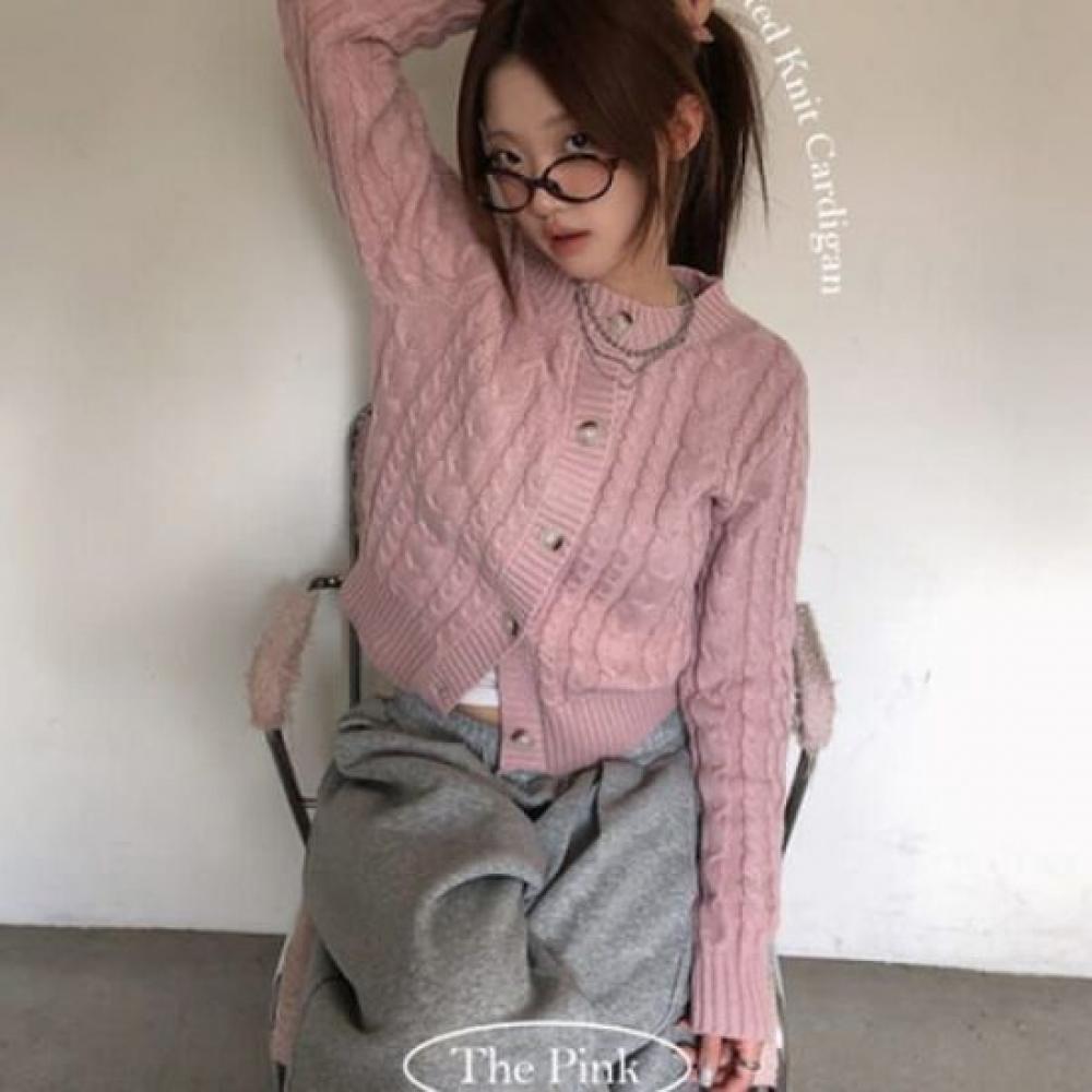 The Pink Melon Cable Button Semi Crop Knit Cardigan
