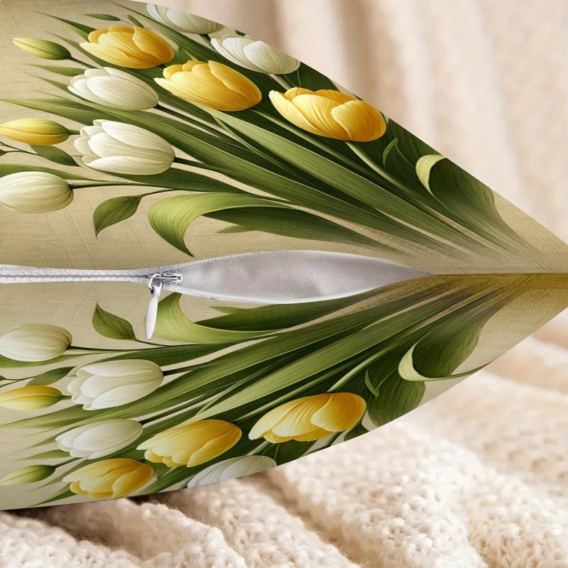 Vikama Yellow And White Tulip Floral Cushion Cover, Perfect For Sofas And As A Mother’S Day Gift, Decorative Cushion Cover