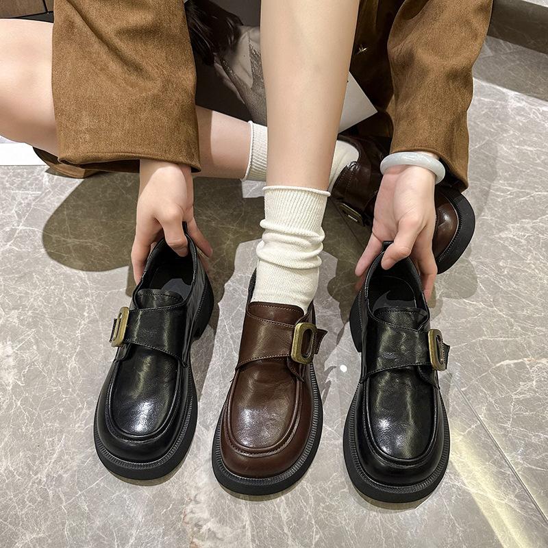 Retro platform loafers women's new spring and autumn Mary Jane shoes thick heel round head versatile fashion British small leather shoes