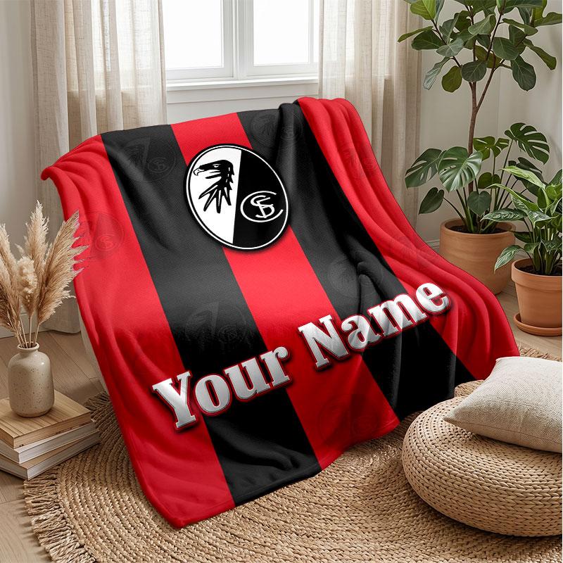 SC Freiburg FC Custom Name Text Flannel Blanket Soccer Logo Personalized Fleece Throw Blanket Special Gift For Sofa Bedroom Home