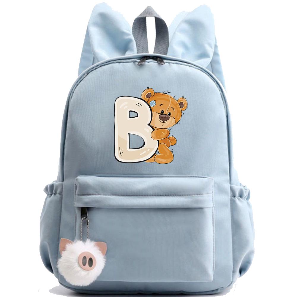 Little Bear 26 English Letters Backpack Printed School Bag for Teenager Kid Boy Girl Student Cartoon Bookbag Outdoor Rucksack