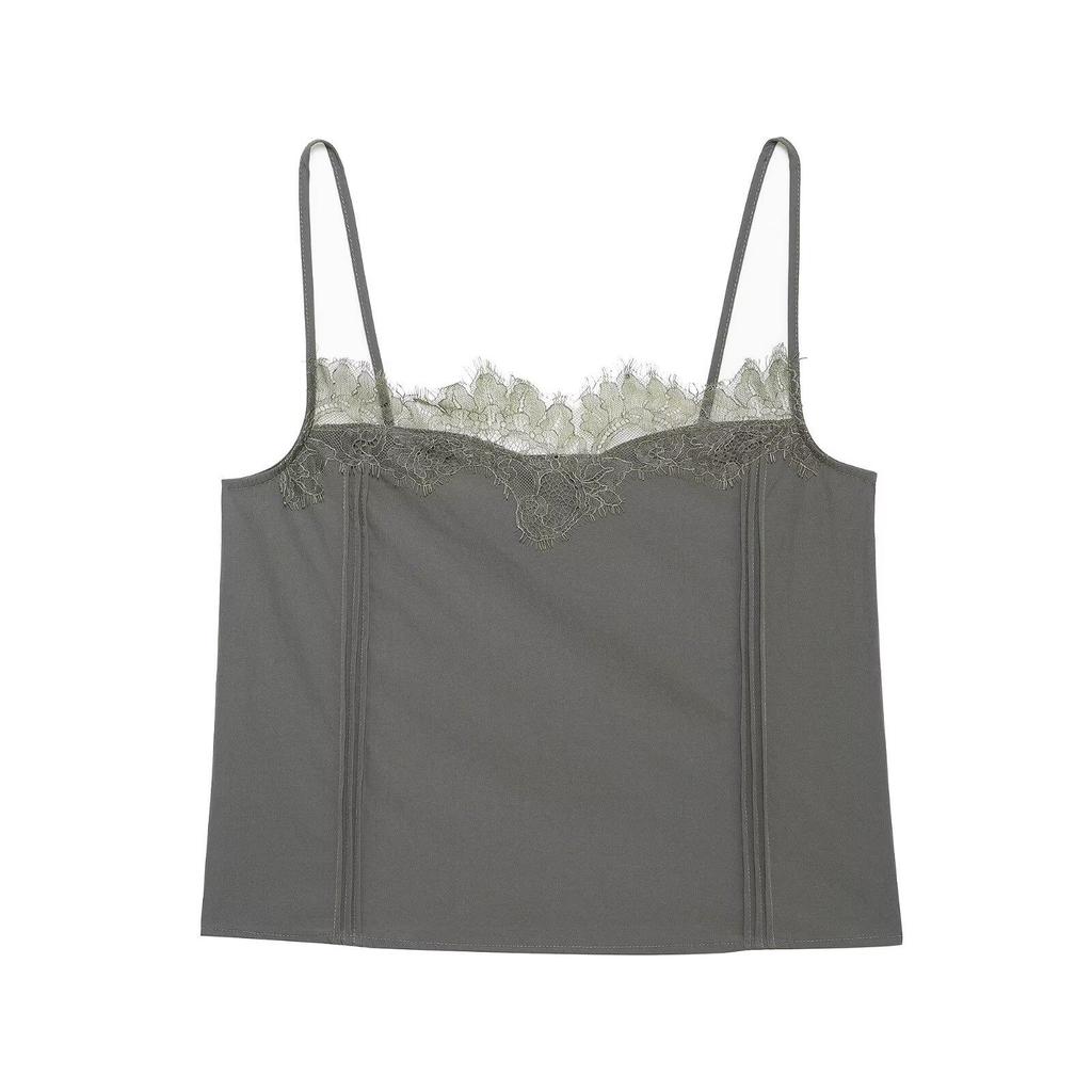 2025 Spring Women's Stylish Grey Lace Trim Spaghetti Strap Top
