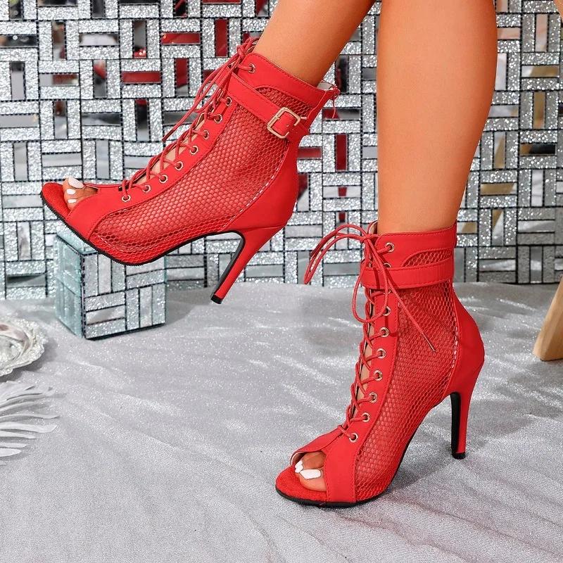 Fashion Women's Sandals Hollowed Mesh Heels Belt Buckle 2025 Summer Lace-up Sexy Open Toe Boots Stiletto Jazz Dance Party Ladies Shoes