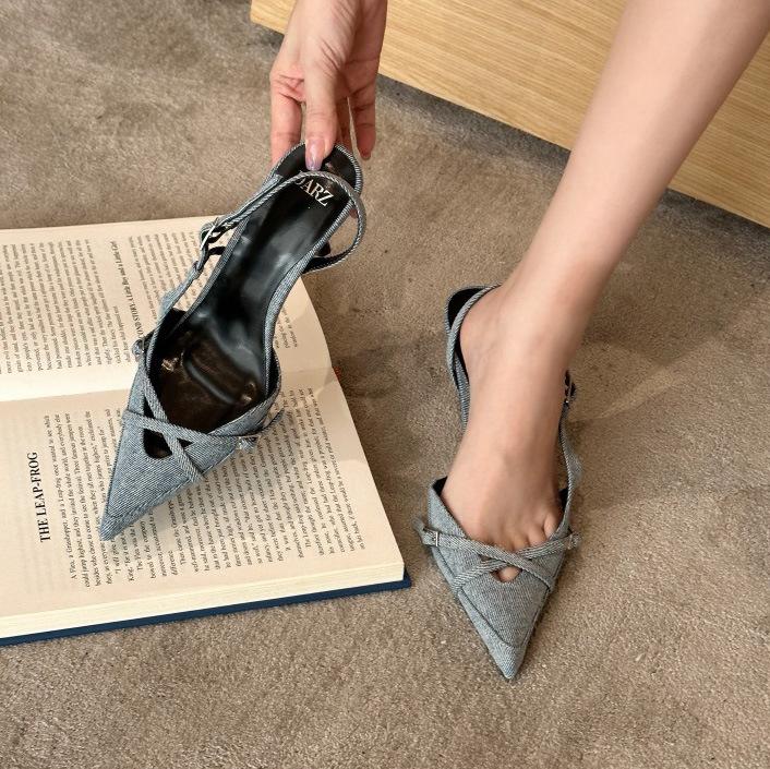 Pointed High-heeled Sandals, New Niche Design, Versatile Belt Buckle, Pointed Back Empty, Shallow-mouth High-heeled Single Shoes