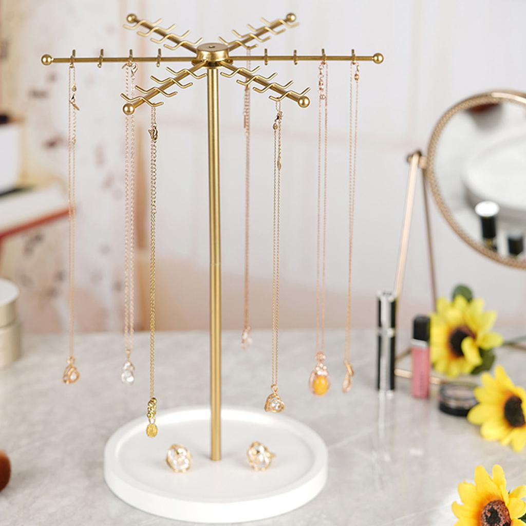 Modern Gold Jewelry Display Stand 48 Hooks 360 Rotating Design Compact Storage Solution For Necklaces Bracelets Perfect Gift