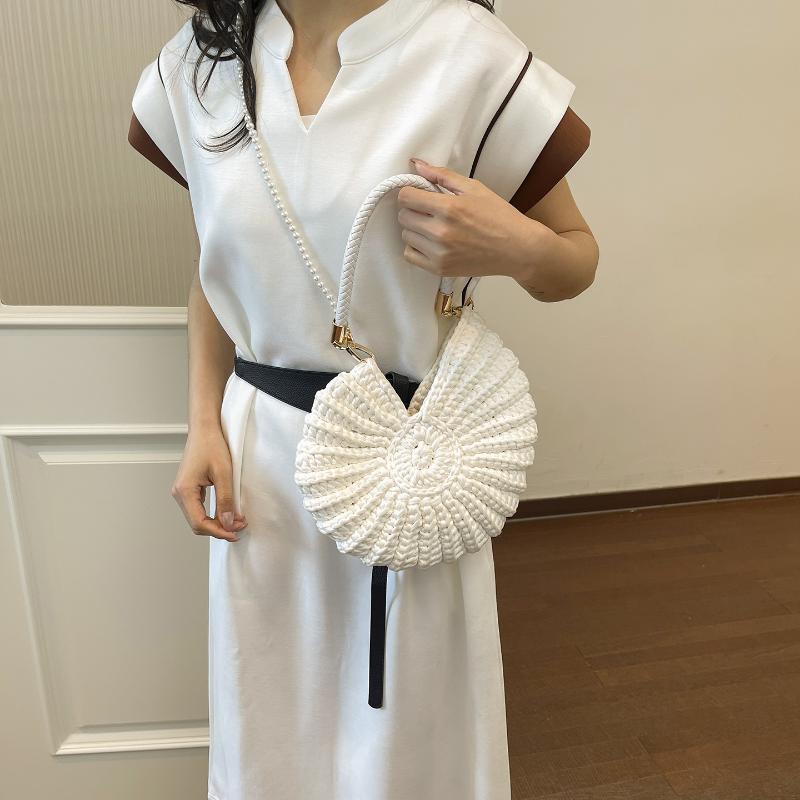 Muschelstrick-Häkel-Crossbody-Umhängetasche,Perlenketten-Handgeflochtene Damen-Schlingentasche,Elegante Zarte Niedliche Kompakte Geldbörse