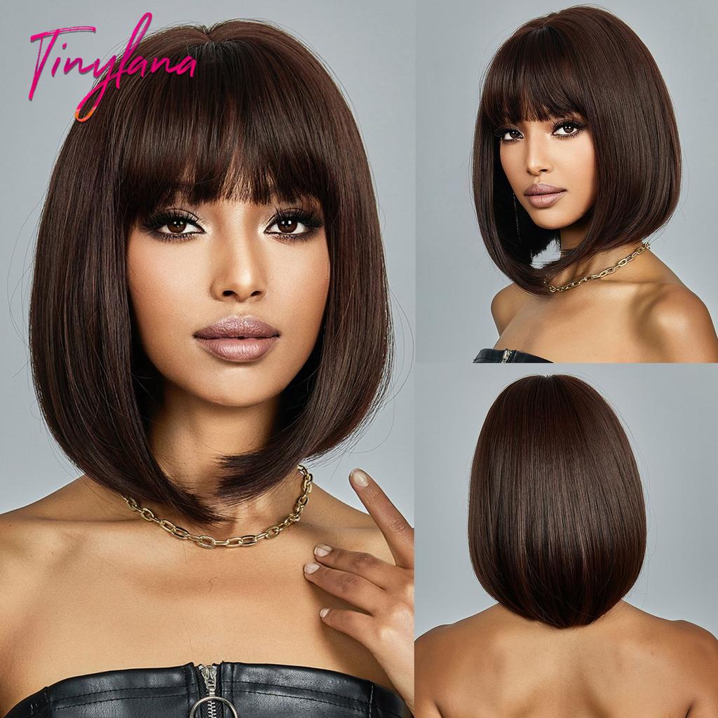 Bob Black Synthetic Wig with Bangs for Women Afro Short Dark Straight Wigs Cosplay Halloween Natural Hair Lolita Heat Resistant