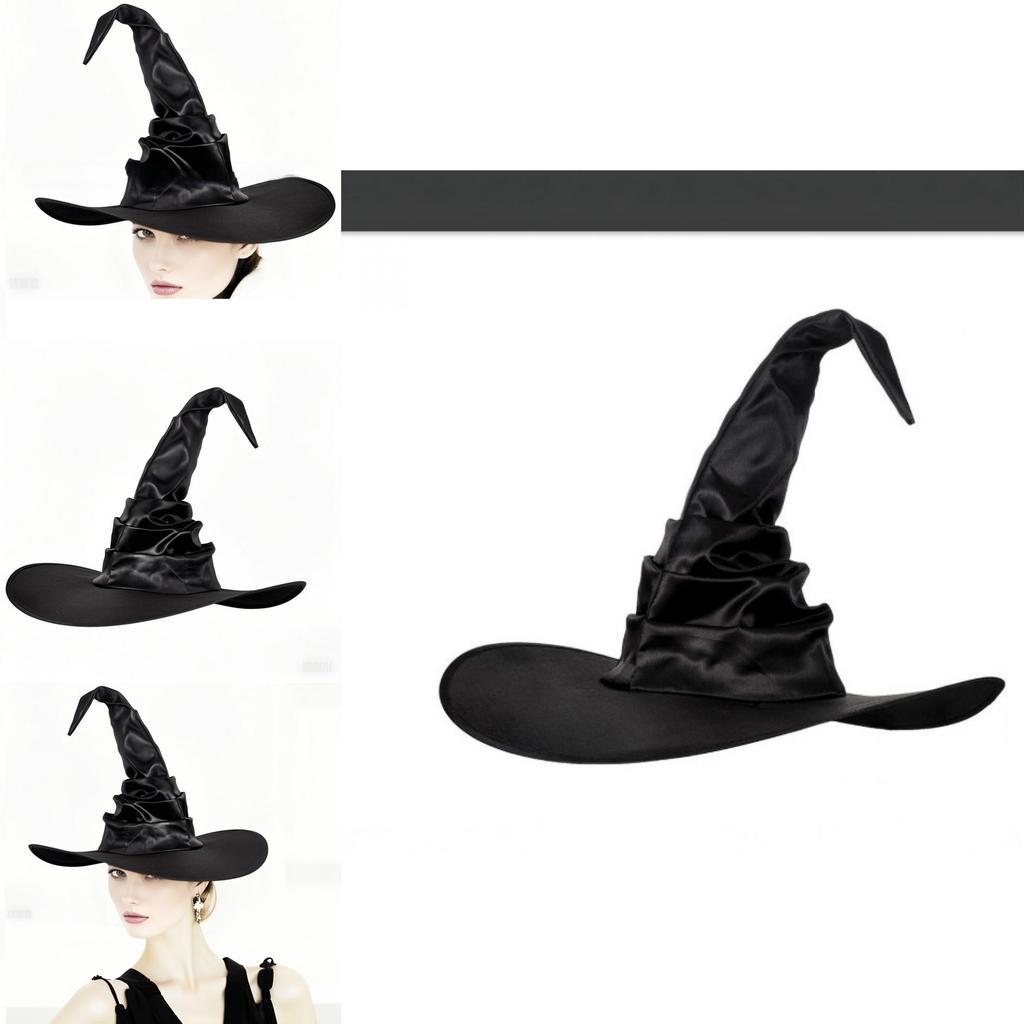 Black Curved Hook Design Witch Hat With Ruffled Style For Halloween Events
