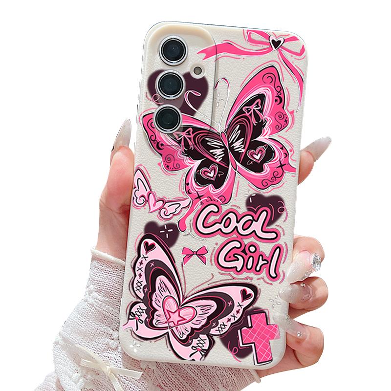 Cool Girl Butterfly Painting Case For Samsung S26 S25 S24 Ultra S23 S22 S21 FE A15 A16 A17 A26 A35 A36 A37 A54 A55 A56 A57 5G Leather Texture Cover