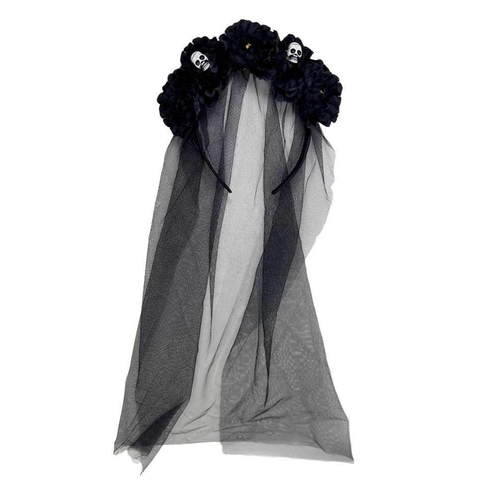 Langer Schleier mit Bändern Blumenschmuck Kopfschmuck Totenkopf-Design Gothic Kopfreifen Halloween Haarband Party Cosplay