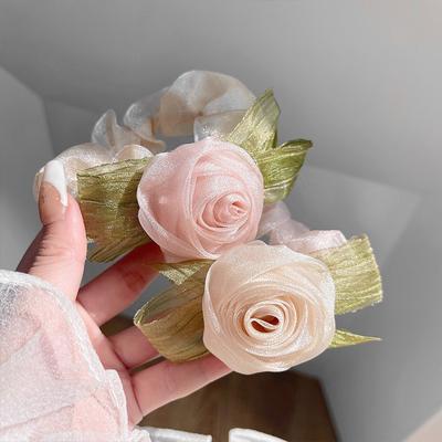 2PCS Elegant Ladies Net Yarn Rose Flower Hair Rope Fashion Elastic Sweet Hair Scrunchies Ties For Women Girls Bride Bridesmaid