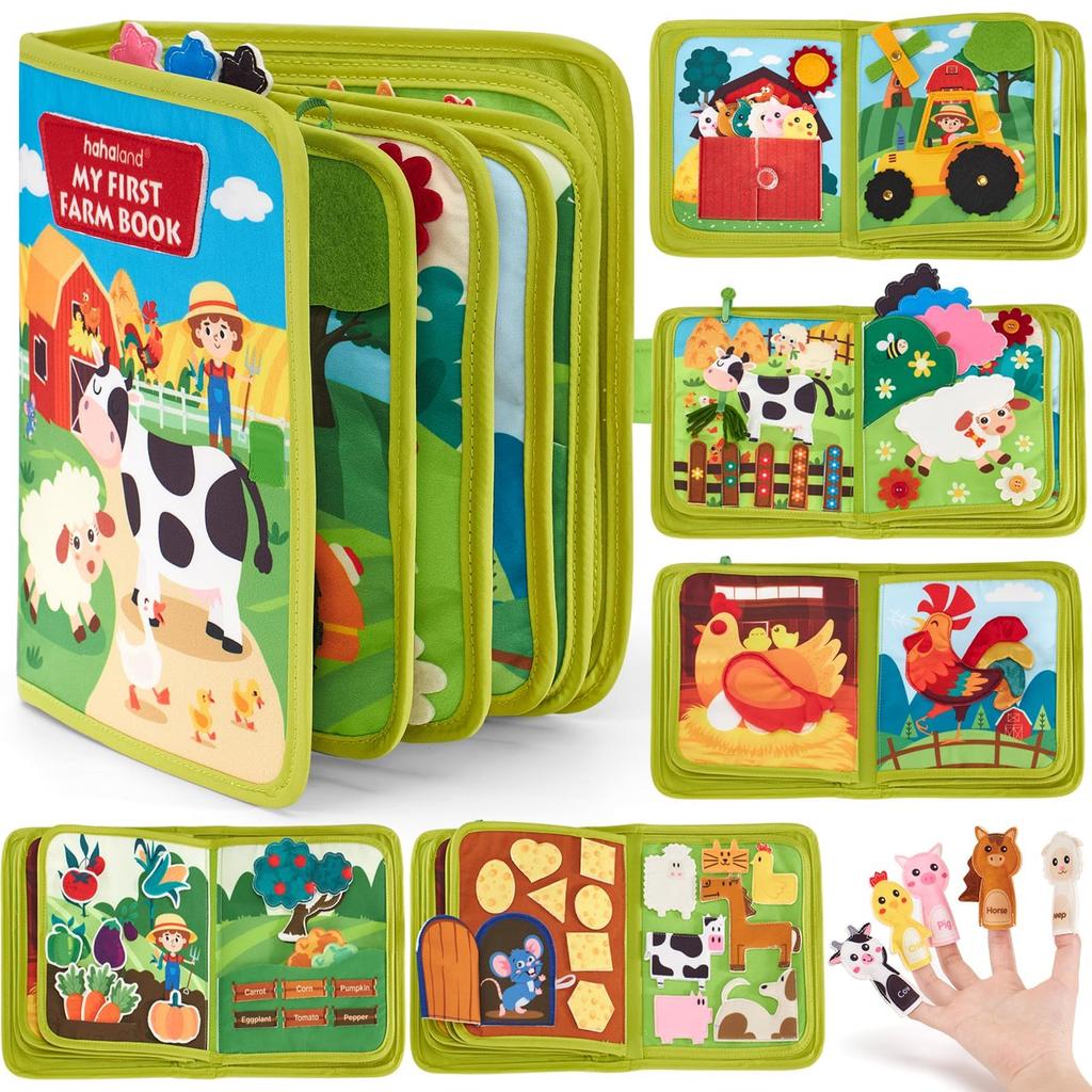 Hahaland Montessori-bok for alderen 1 Aktivitetsbok Interaktivt Montessori-leketøy for alderen og 3 10 sider med husdyr - 20-i-1 Brett, 1, 2, -