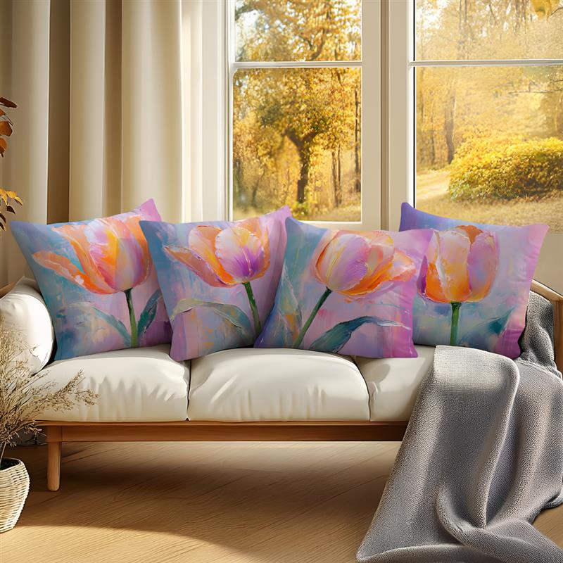 Abstract Tulip Oil Painting Cushions Pillowcase Printed Polyester 45X45Cm Throw Pillow Cover Decorative Sofa Cushion Pillowslip