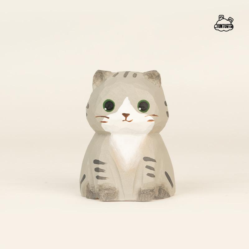Figurină animal pisică din lemn sculptat pentru copii, ornament mic creativ de birou, decor pentru mașină, jucărie de scenă