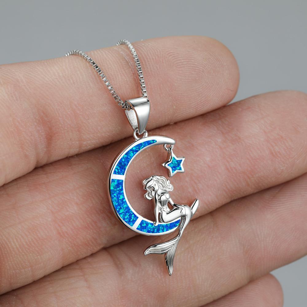 Boho Fashion Mermaid Star Moon Pendant Blue Imitation Opal Silver Color Chain Necklace for Women's Wedding Party Jewelry Gifts