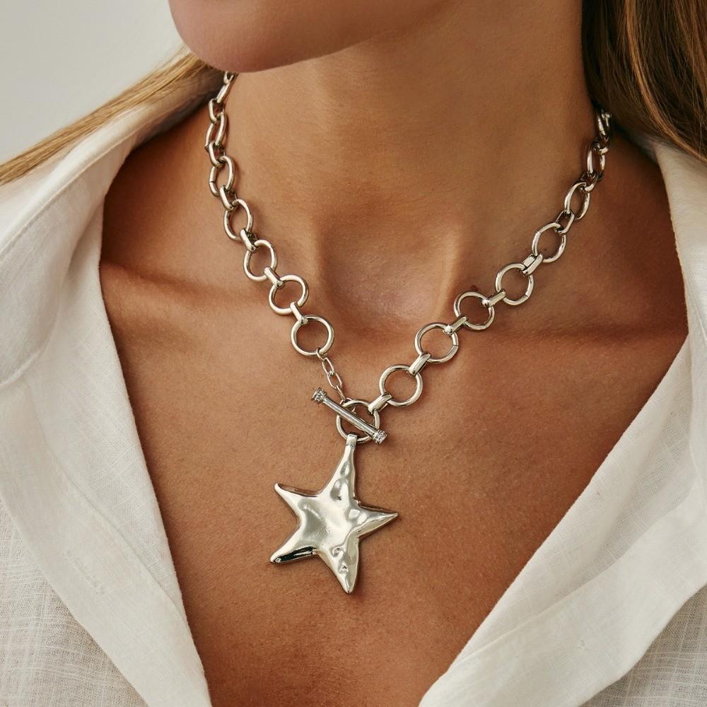 OT Buckle Pentagram Pendant Necklace Five-pointed Star Clavicle Chain Chunky Chain Necklace  Women