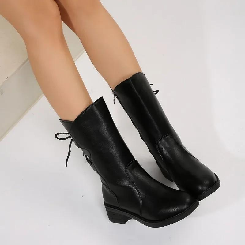 2024 High Quality Ladies Shoes Side Zipper Women's Boots Fashion Rear Lacing Modern Boots Women Winter Plus Size Mid-Calf Boots