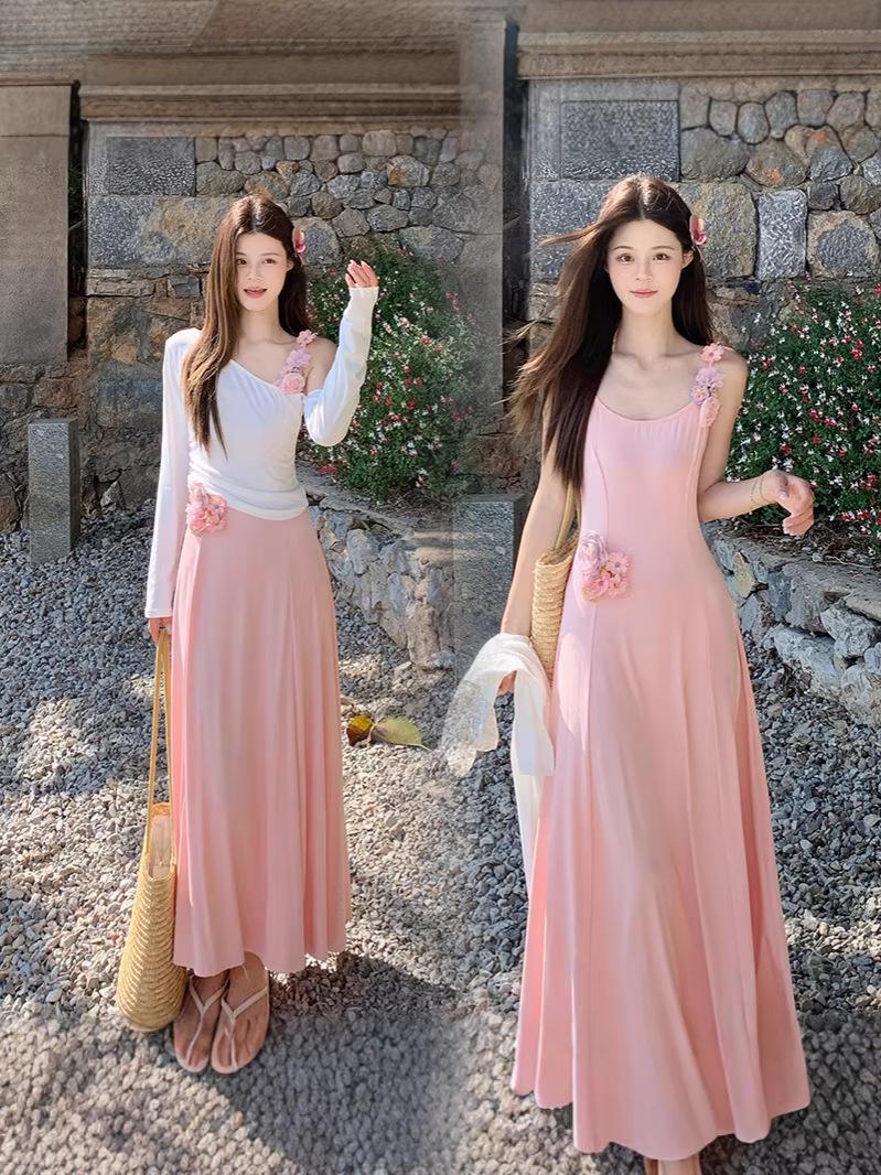 

Plus Size Women s Korean Gentle Style Floral Waist-Cinching Dress Two-Piece Set - New Summer Arrivals 3XL