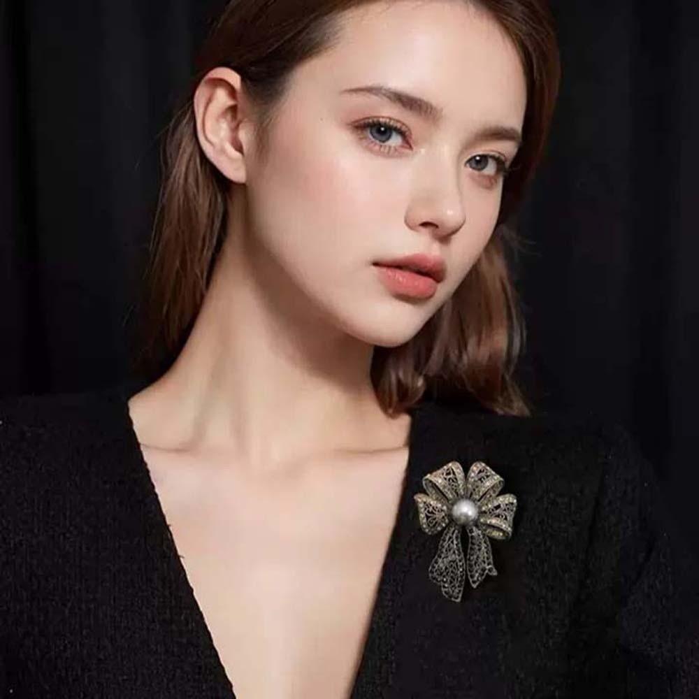 French Style Bow Brooch Vintage Black Brooch Exquisite Fully-rhinestone Pin Western-style Clothes