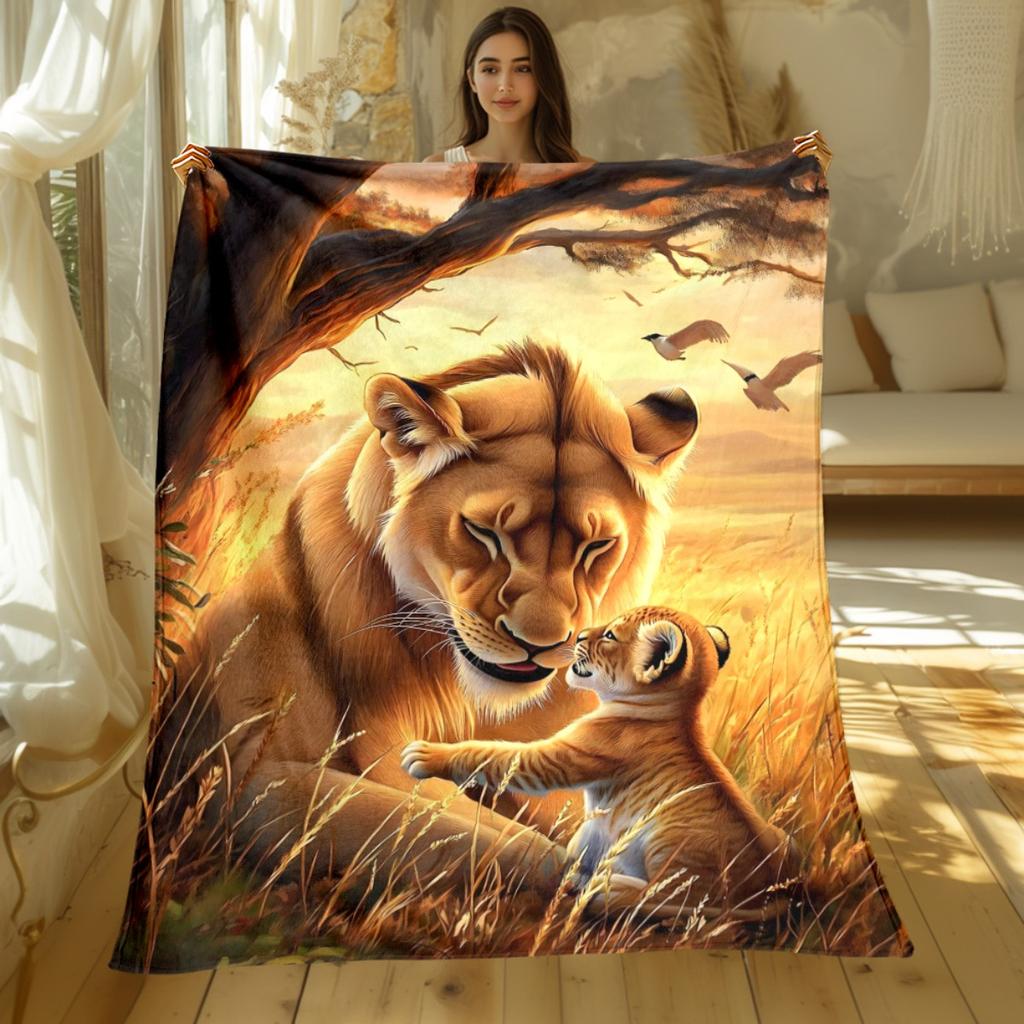 1pcLion Mother and Cub African Savanna Sunset Flannel Blanket Wild Animal Print Soft Warm Throw Blanket for Bed Living RoomDecor