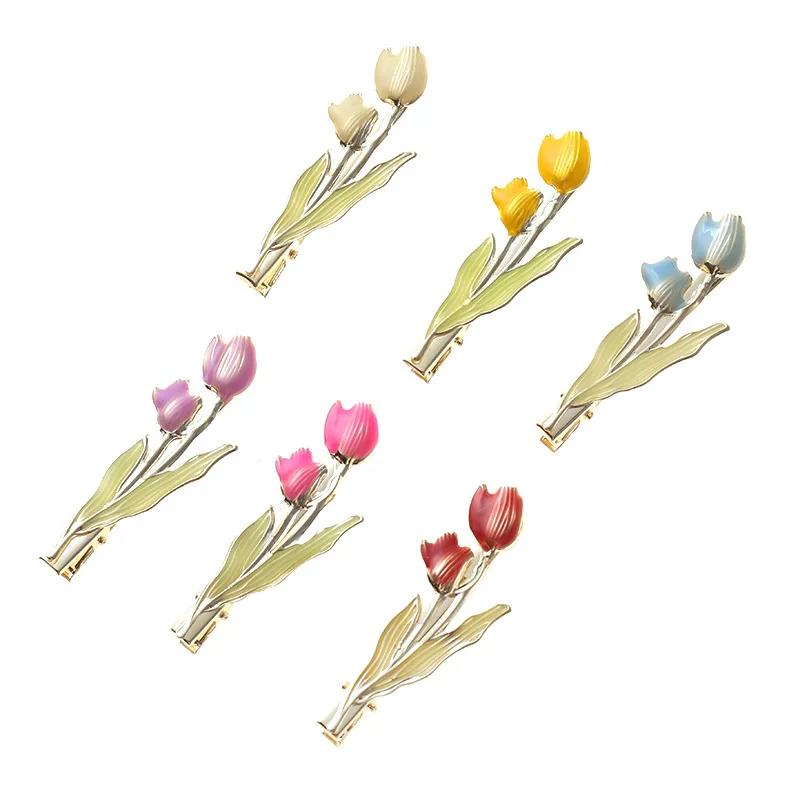 Metal Tulip Flower Hair Side Clip Fringe Bangs Duckbill Clip Women Girls Sweet Headwear Hairpin Hair Style Accessories