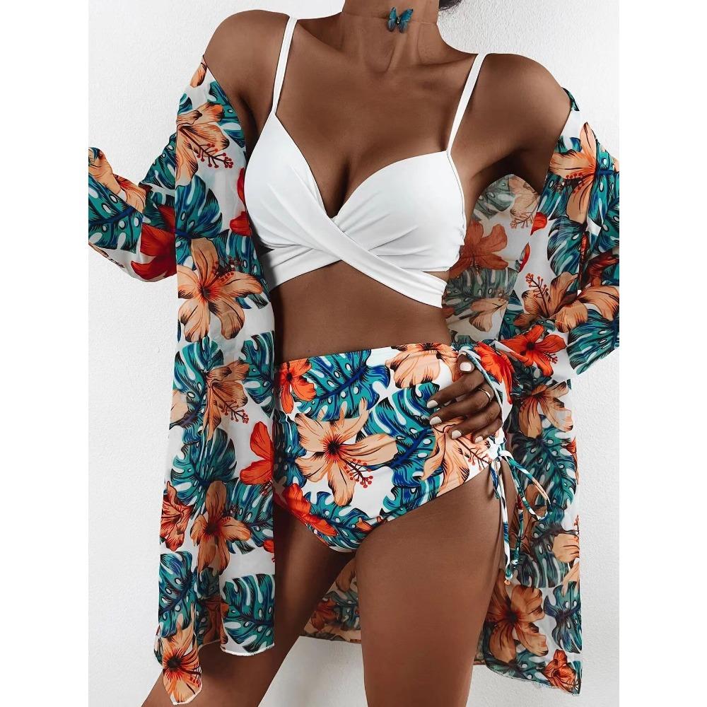 European and American Bikini Sexy Push Up Mesh Three-Piece Printed Split Swimsuit