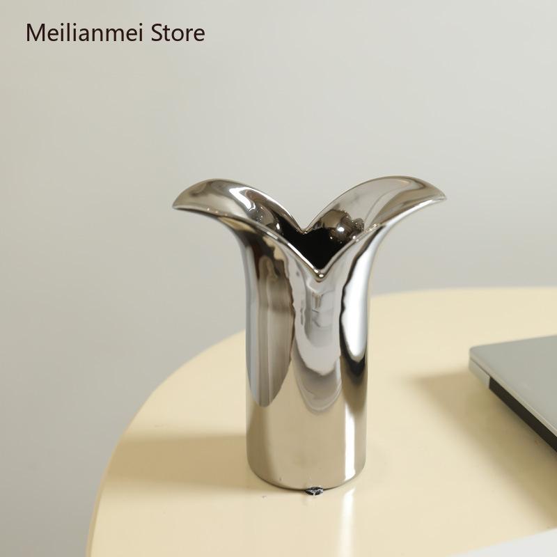 Electroplated Silver Ceramic Vase Irregular Flower Arrangement Ornament Modern High-end Silver Vases Home Decor Vases