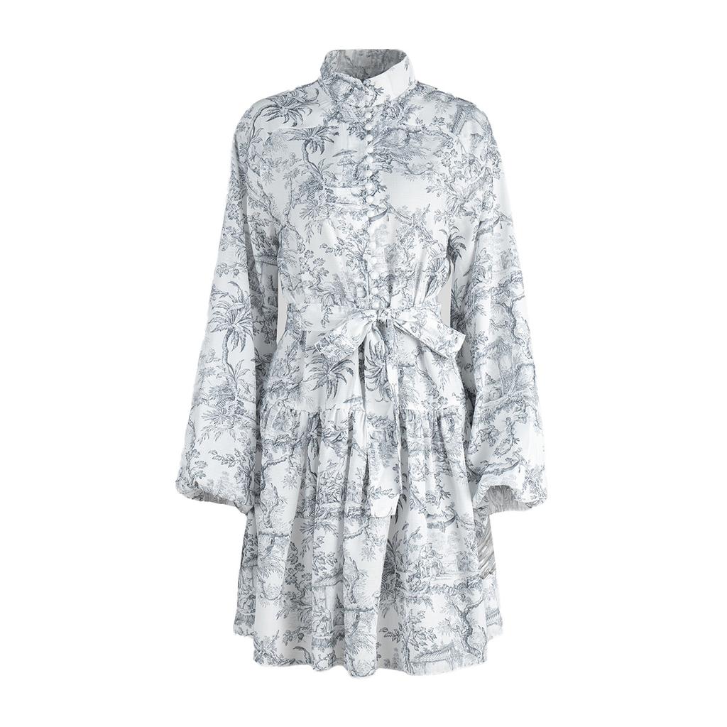 Ink printing long-sleeved dress short dress European and American spring new stand-up collar lantern sleeve lace-up dress