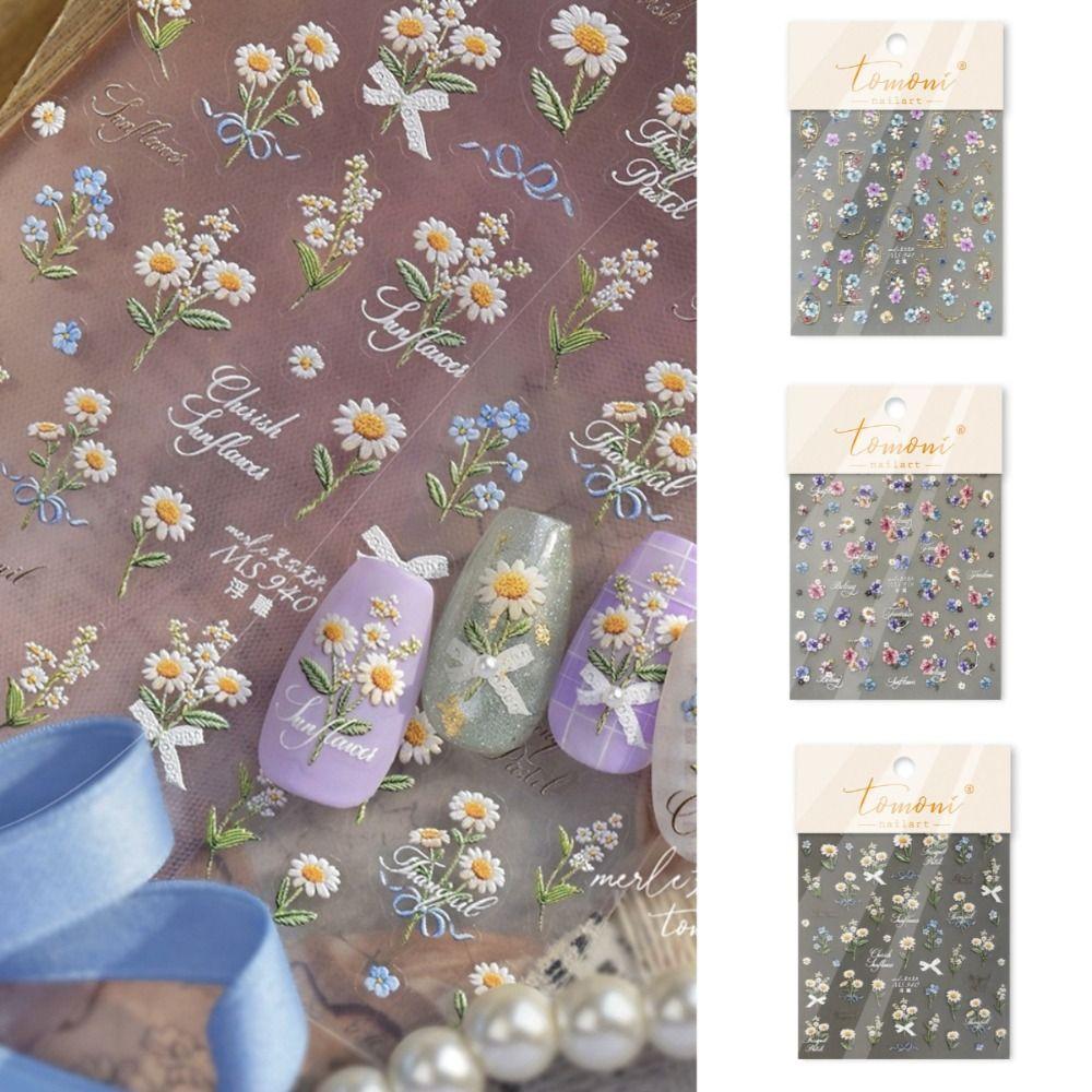 Daisies Sunflower Wildflowers Spring Embossed Nail Stickers Waterproof Gold and Silver 3D Nail Art Decals Self-adhesive
