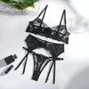 3 Pcs/Set Bra Panties Set 3D Flower Bow Decor Wired Push Up Lace Elastic Thigh Rings High Waist Wedding Night Romantic Midnight Lady Sex Underwear Set