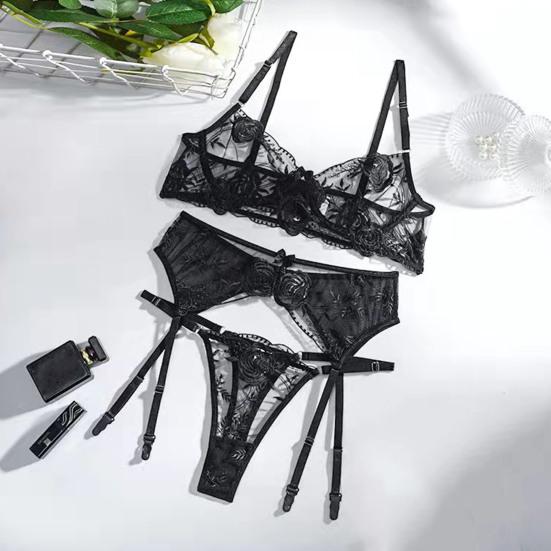 3 Pcs/Set Bra Panties Set 3D Flower Bow Decor Wired Push Up Lace Elastic Thigh Rings High Waist Wedding Night Romantic Midnight Lady Sex Underwear Set