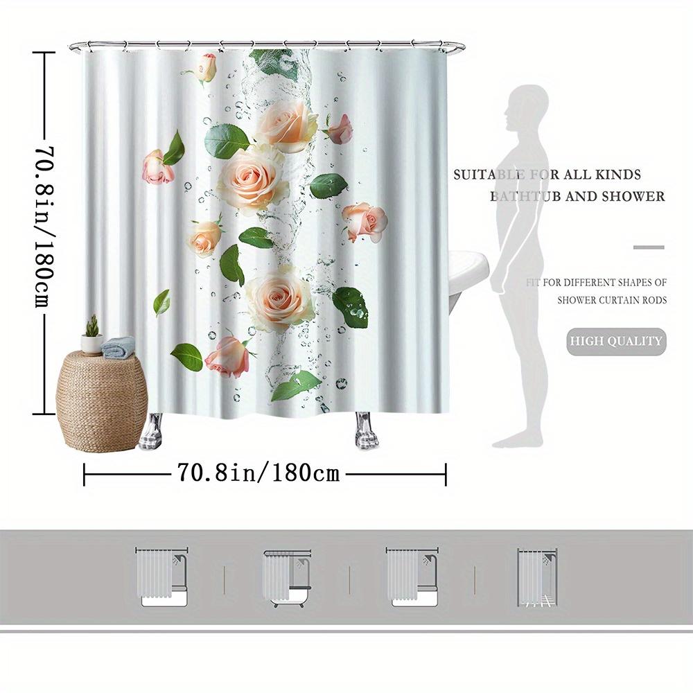 Elegant Pink Roses & Green Leaves Shower Curtain, Water Splash Design, Fade-Resistant Polyester, Bath Decor