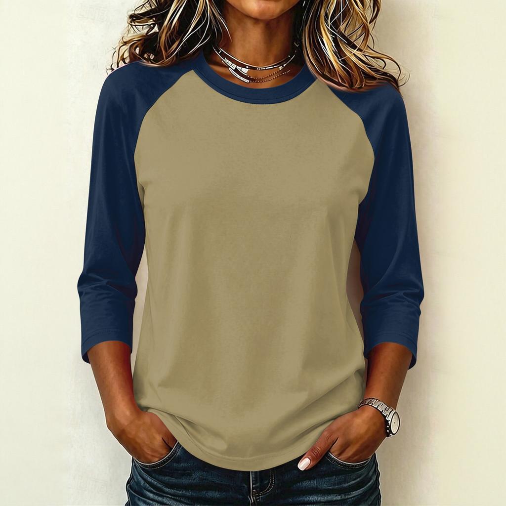 Women's Casual Color Block Pullover T-Shirt, Raglan 3/4 Sleeve, Round Neck, Lightweight Top for Summer, Spring, and Fall