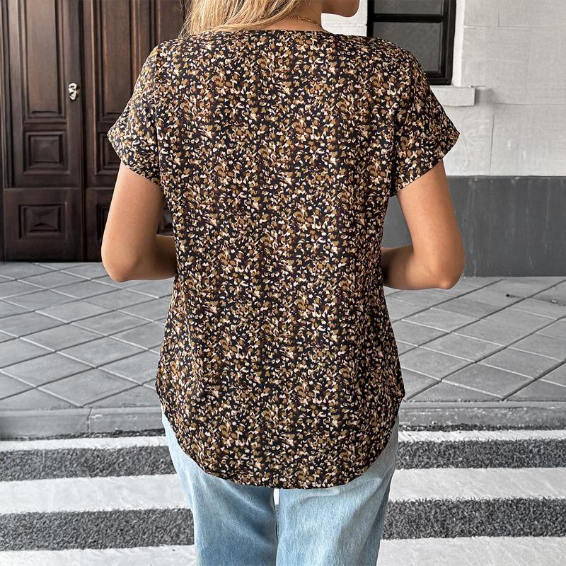 Vacation and Casual Style Floral V-neck Short-sleeved Shirt Women's Wear