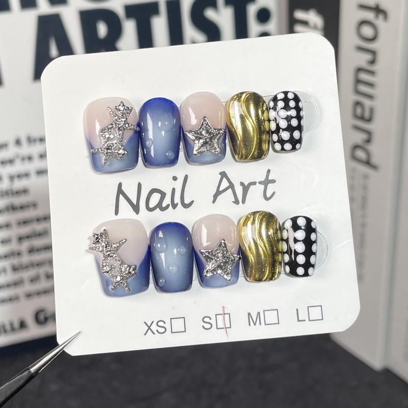 Short Press-On Nails With 3D Star Design Sea Galaxy Theme Handmade Acrylic Nail Tips Women