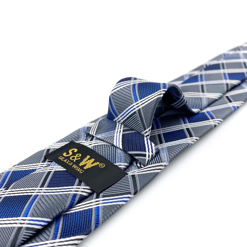 SHLAX&WING Long Tie for Men, Blue Check Pattern, Silk, 160cm, XL