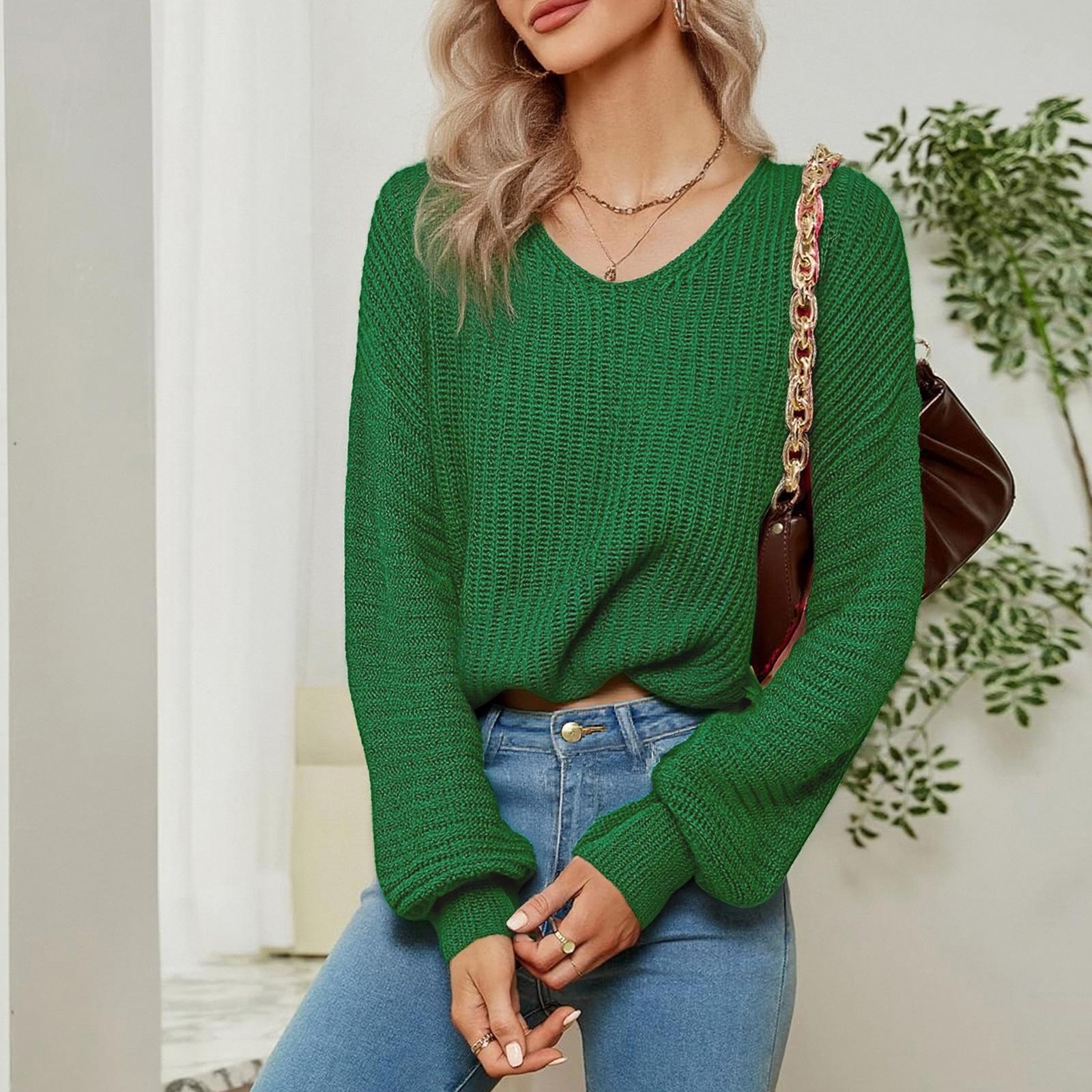 

Women s Lazy Loose Short V-neck Lntern Long-sleeved Pullover Sweater L зелений