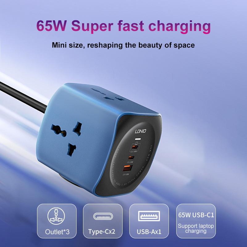 6 IN 1 Cube Design Power Strips 65W Super Fast Charging 2M Universal Standard Extension Cord Power Socket