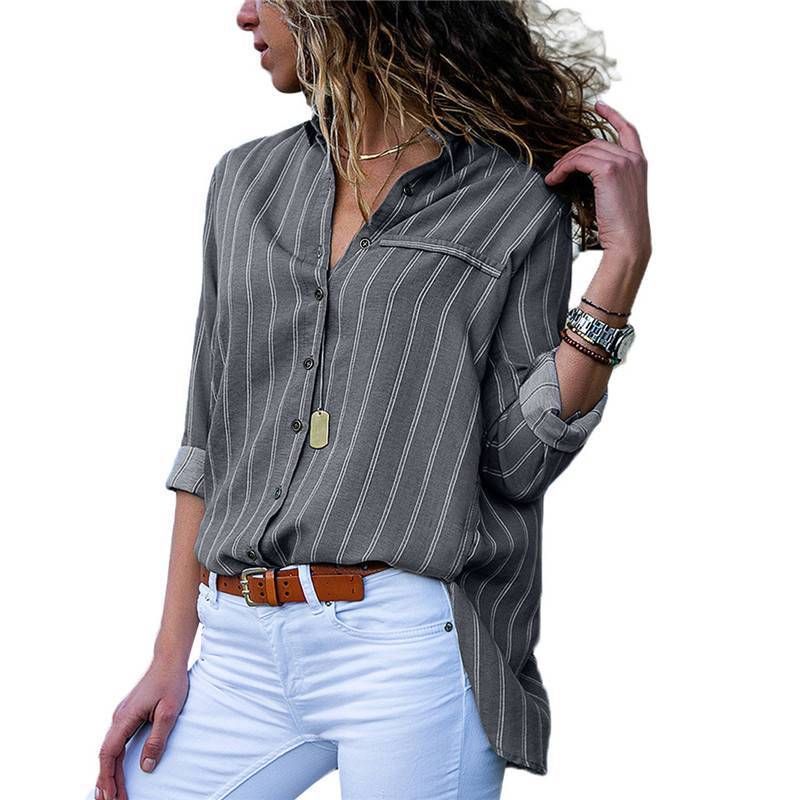 Women Autumn Striped Floral Long Sleeve Button V Neck T Shirt For Casual Chic