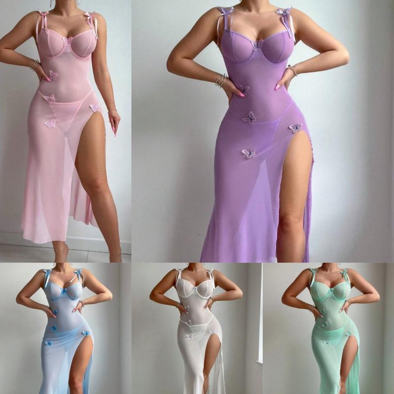 Sexy Lingerie Set Butterfly Applique Mesh See-Through Slit Slimming Erotic Lingerie Dress Set Underwear for Women Wedding