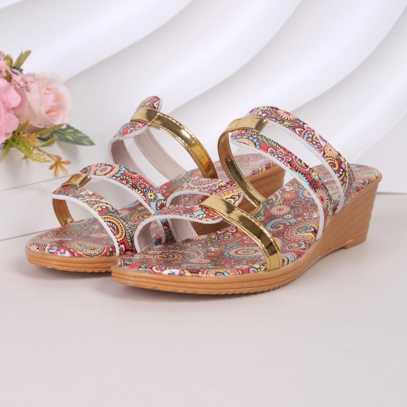 

Summer new large-size printed cool slippers women s round head one-word wedge heels women s slippers 35
