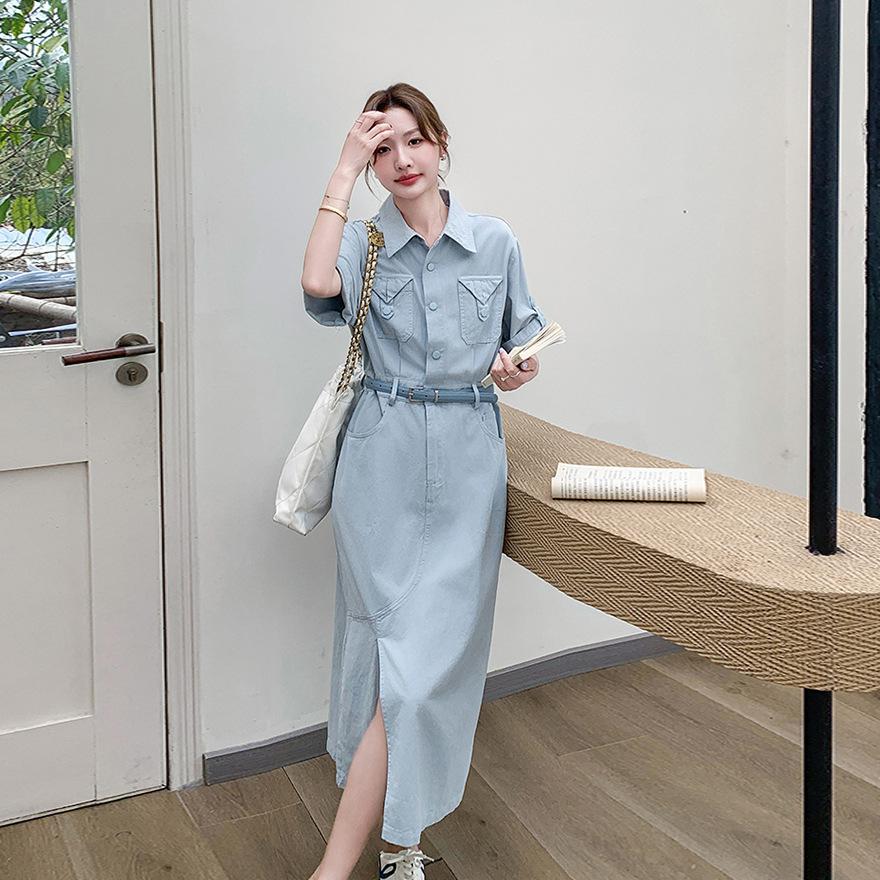Blue Lapel Dress Women's Summer New Design Sense Gentle Temperament Waist Thin Shirt Skirt