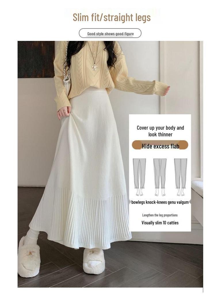 High Waist Autumn/Winter Pleated A-line Knit Skirt with Slimming Design