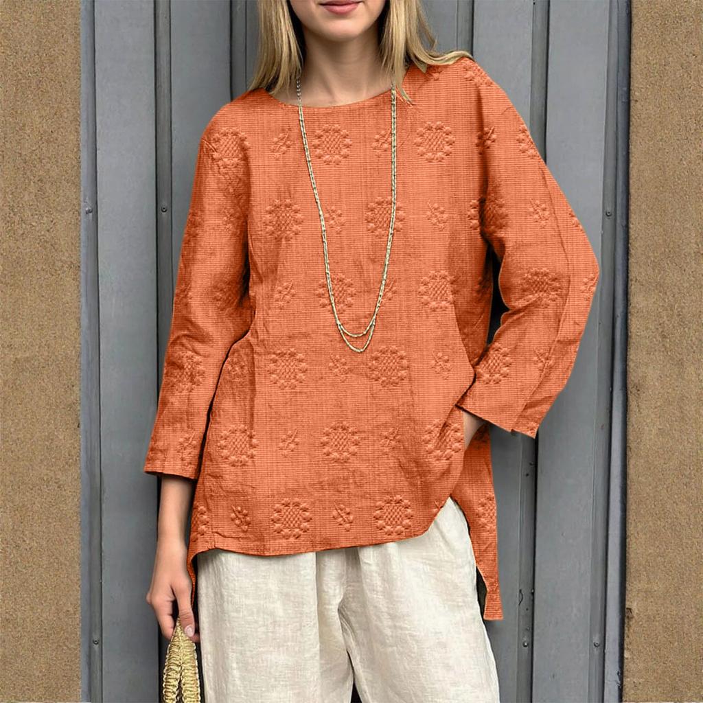 Women's Loose Cotton And Linen Retro Printed Round Neck Long Sleeved Fashionable Top