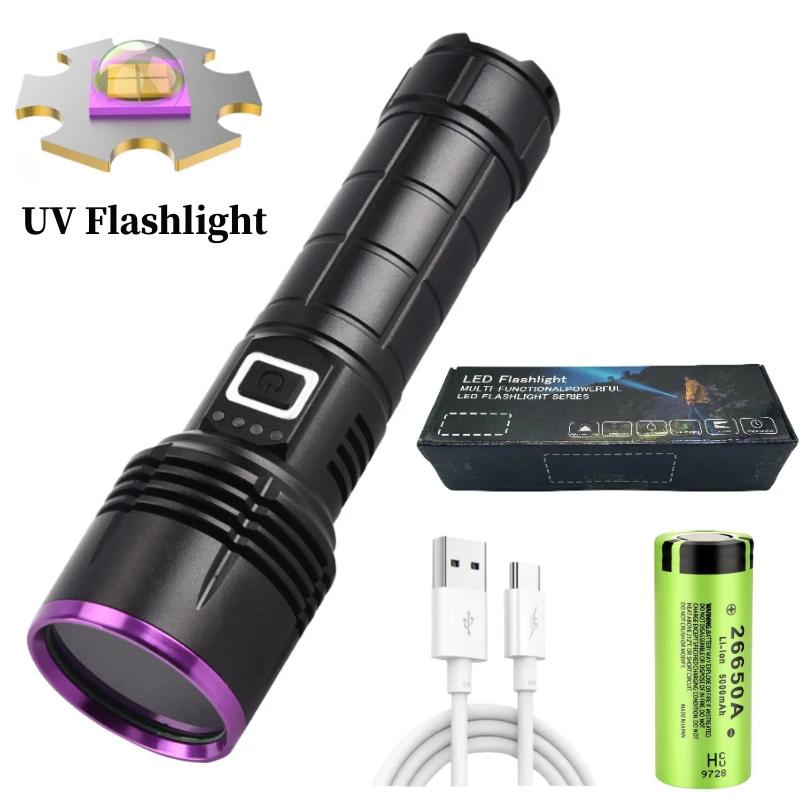 Leistungsstarke UV-Taschenlampe 365nm Wasserdicht Schwarzer Spiegel Lila Licht Detektion Taschenlampen-Typ C Wiederaufladbare Ultraviolettlampe