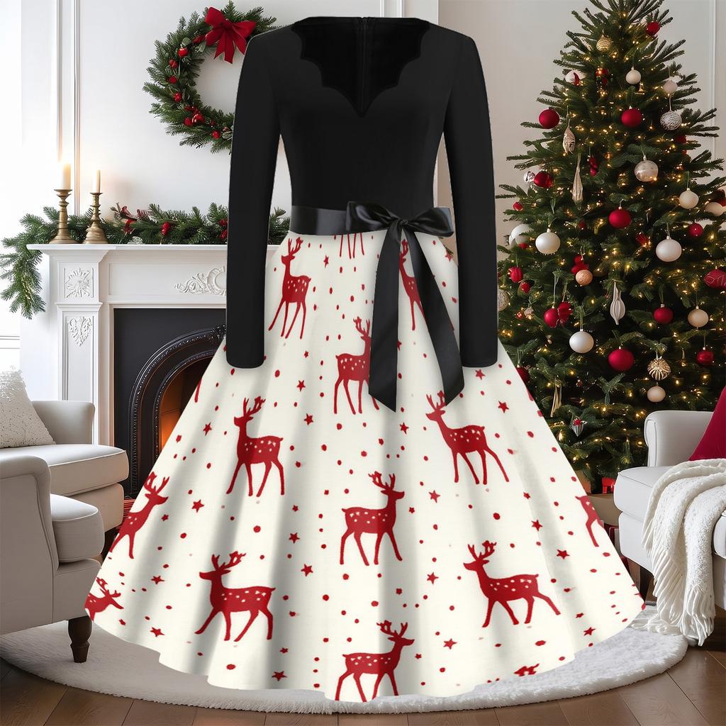 Women's Vintage V-Neck Long Sleeve Christmas Print Casual Dress